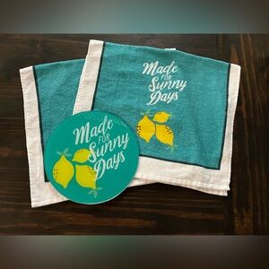 Teal and White Kitchen Towel Set with Lemon Design